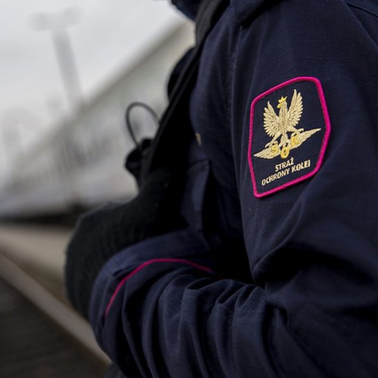 Logo Straży Ochrony Kolei na rękawie funkcjonariusza. W tle pociąg. Autor: SOK.