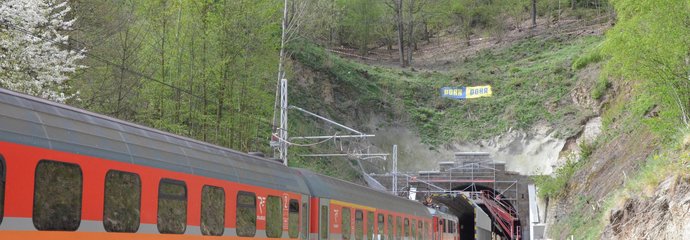 Pociąg Regio wjeżdża do tunelu od wschodniej strony (od Janowic Wielkich).