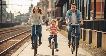 Kobieta, dziecko i mężczyzna na rowerach.