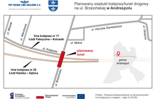 Na grafice w prawym górnym rogu widnieje tytuł (napis): Planowany wiadukt kolejowy/tunel drogowy na ul. Brzezińskiej w Andrespolu. W prawym górnym rogu logo PKP Polskich Linii Kolejowych i herb Gminy Andrespol.Na środku znajduje się infografika, która przedstawia miejsce na mapie, gdzie powstanie planowany wiadukt. Schemat w kolorach czarnym, szarym i białym zawiera przebieg linii kolejowych oraz układ ulic w Andrespolu, w tym ul. Wesołą, Wierzbową, Kolejową, Mokrą, Okrężną, Henryka Sienkiewicza i Brzezińską. Na skrzyżowaniu ul. Brzezińskiej z liniami kolejowymi: nr 17 Łódź Fabryczna – Koluszki oraz nr 25 Łódź Kaliska - Dębica zaznaczono czerwonym prostokątem dokładne miejsce, w którym powstanie wiadukt kolejowy/tunel drogowy. Na dole, pod grafiką w rzędzie obok siebie, od lewej strony: logo Funduszy Europejskich Programu Operacyjnego Infrastruktura i Środowisko, flaga Rzeczypospolitej Polski, flaga Unii Europejskiej obok której jest napis Fundusz Spójności oraz nazwa Projektu: Projekt „pn. „Poprawa bezpieczeństwa na skrzyżowaniach linii kolejowych z drogami – etap III (POIiŚ)”