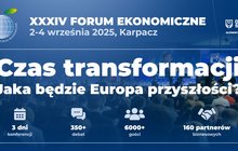 Grafika XXXIV Forum Ekonomiczne. 2-4 września 2025, Karpacz. Czas transformacji. Jaka będzie Europa przyszłości? 3 dni konferencji, 350+ debat, 6000+ gości, 160 partnerów biznesowych.