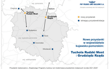 Infografika przedstawia schemat z mapą nowych przystanków Grudziądz Rządz i Tuchola Rudzki Most, które zostaną zrealizowane w ramach „Rządowego Programu budowy lub modernizacji przystanków kolejowych na lata 2021-2025” na liniach w województwie kujawsko-pomorskim.