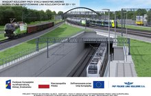 Wizualizacja. Na pierwszym planie z tunelu pod stacją Maksymilianowo wyjeżdża pociąg. Pociągi towarowe są widoczne także na drugim planie oraz po lewej stronie wizualizacji - PKP Polskie Linie Kolejowe S.A.