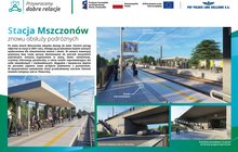 Wizualizacja zmodernizowanej stacji Mszczonów na linii kolejowej nr 12. Przedstawia nowe perony z wiatami, system informacji pasażerskiej, ścieżki naprowadzające dla osób z niepełnosprawnościami oraz przebudowany wiadukt i przejście pod torami zapewniające dostęp do peronów.