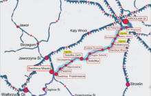 mapka trasy kolejowej Wrocław - Sobótka - Świdnica ; na mapie zaznaczone przystanki oraz 3.mijanki