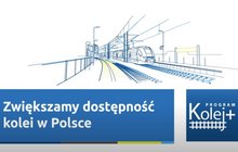 Rysunkowa grafika pociągu na torach, napis Zwiększamy dostępność kolei w Polsce, logo Kolej+