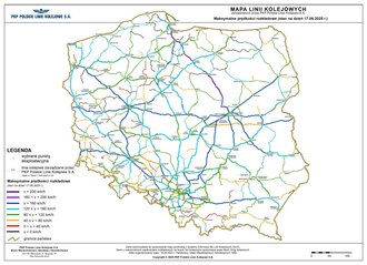 Mapa z maksymalnymi prędkościami rozkładowymi na liniach zarządzanych przez PKP Polskie Linie Kolejowe S.A.