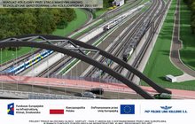 Wizualizacja. Na pierwszym planie wizualizacji jest wiadukt drogowy nad torami stacji Maksymilianowo, na których są pociągi – PKP Polskie Linie Kolejowe S.A.