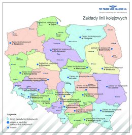 Mapa Polski z podziałem na obszary działalności Zakładów Linii Kolejowych