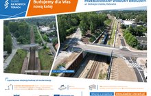 Grafika prezentująca porównanie wiaduktu drogowego przy ul. Dobrego Urobku w Katowicach przed i po przebudowie w ramach projektu „Śląskie na nowych torach”. Zdjęcia z marca 2024 i lipca 2026 pokazują nowy obiekt nad linią kolejową oraz przebudowany układ drogowy.