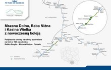 Mapa inwestycji na linii kolejowej Rabka Zaryte – Mszana Dolna – Fornale (Kasina Wielka) w Małopolsce, pokazująca ogólny przebieg modernizowanej trasy.