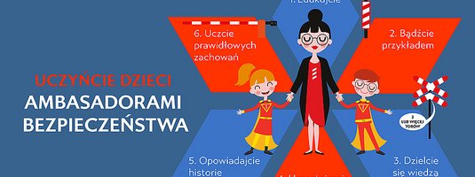 Grafika z Ambasadorką bezpieczeństwa i hasłami z tekstu aktualności
