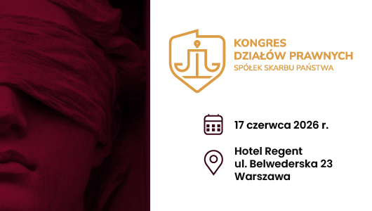 Baner informacyjny kongresu. Po lewej stronie czerwono przyciemnione zdjęcie fragmentu rzeźby (twarz). Po prawej jasne tło z logo w formie tarczy z wagą oraz tekst: „Kongres Działów Prawnych Spółek Skarbu Państwa”. Poniżej data: 17 czerwca 2026 r. oraz miejsce: Hotel Regent, ul. Belwederska 23, Warszawa.