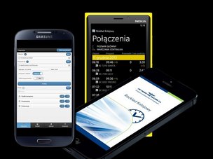 Grafika przedstawiająca 3 smartfony z uruchomioną aplikacją Rozkład kolejowy.