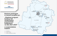 Infografika zawiera mapkę województwa łódzkiego z wyszczególnionymi na niej lokalizacjami parkingów, które zostaną wybudowane w ramach projektu pn. „Rządowy program budowy lub modernizacji przystanków kolejowych na lata 2021-2025”. Wskazane są linie kolejowe w regionie oraz parkingi w realizacji lub w przygotowaniu do realizacji. W prawym górnym rogu znajduje się logo PKP Polskich Linii Kolejowych S.A. i Ministerstwa Infrastruktury.