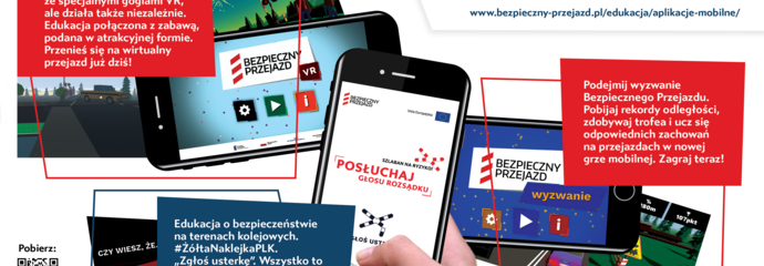 Grafika przedstawiająca screeny z gier edukacyjnych Bezpieczny Przejazd oraz link do strony kampanii: www.bezpieczny-przejazd.pl/edukacja/aplikacje-mobilne