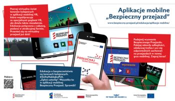 Grafika przedstawiająca screeny z gier edukacyjnych Bezpieczny Przejazd oraz link do strony kampanii: www.bezpieczny-przejazd.pl/edukacja/aplikacje-mobilne