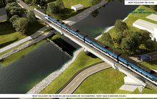 Widok z lotu ptaka. W centralnej części most kolejowy i pociąg na torach. W prawym górnym rogu napis: most kolejowy km 15+444 a poniżej logo PKP Polskie Linie Kolejowe S.A Na dole napis: most kolejowy km 15+444 na linii kolejowej nr 104 Chabówka – Nowy Sącz w Mszanie Dolnej. Infografika – PKP Polskie Linie Kolejowe S.A 
