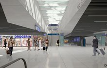 Wizualizacja przestrzeni handlowo-usługowej na stacji Warszawa Zachodnia - podróżni, drogeria, schody na peron