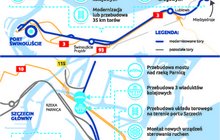 Grafika w kolorystyce niebiesko-białej opisująca realizowane prace w rejonie portów w Szczecinie i Świnoujściu. Na tle pokazującym obszary w rejonie zachodniopomorskich portów z naniesionymi liniami kolejowymi, podane są informacje na temat zakresu prac w rejonie portów. Port Świnoujście: modernizacja sieci trakcyjnej, wymiana 108 rozjazdów kolejowych, modernizacja lub przebudowa 35 km torów, modernizacja 10 przejazdów kolejowo-drogowych Port Szczecin: modernizacja lub przebudowa 61 km torów, zabudowa 177 rozjazdów kolejowych, przebudowa 12 przejazdów kolejowo-drogowych, modernizacja sieci trakcyjnej, przebudowa mostu nad rzeką Parnicą, przebudowa 3 wiaduktów kolejowych, przebudowa układu torowego na terenie portu Szczecin, montaż nowych urządzeń sterowania ruchem