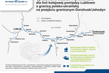 : Infografika przedstawia mapę sieci kolejowej przy granicy z Ukrainą. Na mapie napis Opracowanie Studium Wykonalności linii kolejowej Lublin – Chełm – PG w Dorohusku – PG w Jagodzinie – Kowel oraz koncepcji zagospodarowania terenu przejścia granicznego – korytarze solidarnościowe jest finansowane przez Unię Europejską z instrumentu CEF „Łącząc Europę”.
