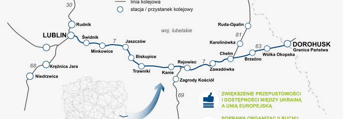 : Infografika przedstawia mapę sieci kolejowej przy granicy z Ukrainą. Na mapie napis Opracowanie Studium Wykonalności linii kolejowej Lublin – Chełm – PG w Dorohusku – PG w Jagodzinie – Kowel oraz koncepcji zagospodarowania terenu przejścia granicznego – korytarze solidarnościowe jest finansowane przez Unię Europejską z instrumentu CEF „Łącząc Europę”.