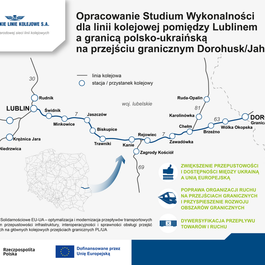 : Infografika przedstawia mapę sieci kolejowej przy granicy z Ukrainą. Na mapie napis Opracowanie Studium Wykonalności linii kolejowej Lublin – Chełm – PG w Dorohusku – PG w Jagodzinie – Kowel oraz koncepcji zagospodarowania terenu przejścia granicznego – korytarze solidarnościowe jest finansowane przez Unię Europejską z instrumentu CEF „Łącząc Europę”.