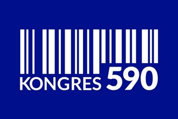 Logotyp Kongresu 590. Granatowe tło z kodem kreskowymi podpisem.