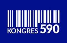 Logotyp Kongresu 590. Granatowe tło z kodem kreskowymi podpisem. 