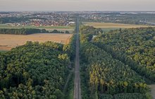 Widok z drona na las i tory kolejowe. Autor PLK