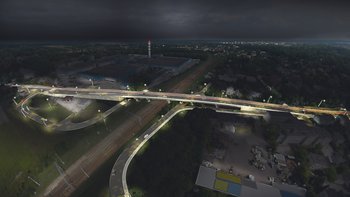 Wizualizacja komputerowa wiaduktu drogowego nad szlakiem kolejowym. Widok z lotu ptaka.