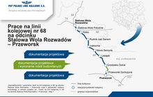 Grafika lk nr 68, odc Stalowa Wola Rozwadów – Przeworsk W górnej części, po lewej stronie jest logo PKP Polskie Linie Kolejowe S.A. Poniżej napis: Prace na linii kolejowej nr 68 na odcinku Stalowa Wola Rozwadów – Przeworsk. W dolnej części jest legenda oraz nazwa projektu: „Zaprojektowanie i wykonanie robót na linii kolejowej nr 68 na odcinku Stalowa Wola Rozwadów – Przeworsk wraz z pełnieniem nadzoru autorskiego w ramach projektu pn.: Prace na linii kolejowej nr 68 na odcinku Stalowa Wola Rozwadów – Przeworsk - etap I”. W centralnej części przedstawiony jest przebieg linii nr 68 z zaznaczonymi stacjami/przystankami na odcinku Stalowa Wola Rozwadów – Przeworsk: Stalowa Wola Południe, Nisko, Rudnik nad Sanem Łętownia, Nowa Sarzyna, Leżajsk, Grodzisko Dolne, Przeworsk Gorliczyna W prawym górnym rogu znajduje się mapa sieci kolejowej z zaznaczonym odcinkiem linii nr 68. Grafika – PKP Polskie Linie Kolejowe S.A.