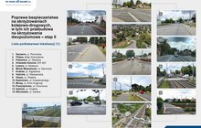 Infografika PKP Polskie Linie Kolejowe S.A. przedstawiająca 14 lokalizacji planowanych inwestycji poprawiających bezpieczeństwo na skrzyżowaniach kolejowo-drogowych. Po lewej stronie znajduje się lista miejscowości i ulic, a po prawej kolaż zdjęć przejazdów kolejowych, skrzyżowań, rogatek i infrastruktury drogowej. (1)