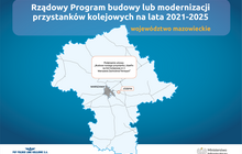 Grafika przedstawia mapę linii kolejowych w województwie mazowieckim z zaznaczoną lokalizacją w miejscowości Józefin, gdzie w ramach „Rządowego programu budowy lub modernizacji przystanków kolejowych na lata 2021 – 2025” zostanie zbudowany nowy przystanek. Na grafice napis: Budowa nowego przystanku Józefin na linii kolejowej nr 2 Warszawa Zachodnia-Terespol. Po prawej stronie grafiki zaznaczono legendę mapy. 