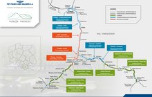 Mapa inwestycji na linii kolejowej Rabka Zaryte – Mszana Dolna – Fornale (Kasina Wielka) w Małopolsce, pokazująca modernizowaną trasę, w tym nowe stacje.
