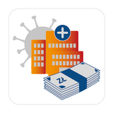 Ikona przedstawiająca graficzny model wirusa, na którego tle znajduje się budynek szpitala i plik banknotów.