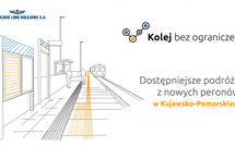 Plansza z grafiką peronu, napis: Kolej bez ograniczeń, Dostępniejsze podróże z nowych peronów w Kujawsko-Pomorskim 