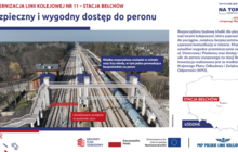 Infografika składa się ze zdjęcia stacji Bełchów (peron, tory, pociąg). Widok z góry. Na zdjęcie stacji nałożono wizualizację kładki dla pieszych z windami i schodami oraz likwidowane przejście w poziomie szyn. Tytuł infografiki to modernizacja linii kolejowej nr 11, stacja Bełchów - Bezpieczny i wygodny dostęp do peronu. Po prawej stronie opis: Rozpoczęliśmy budowę kładki dla pieszych nad torami kolejowymi, która poprawi dostęp do pociągów, zwiększy bezpieczeństwo oraz usprawni komunikację w mieście. Kładka umożliwi wygodne przemieszczania się między ul. Dworcową i Piaskową oraz dostęp z obu ulic do peronu wyspowego na stacji Bełchów. Inwestycja realizowana jest ze środków Krajowego Planu Odbudowy i Zwiększania Odporności (KPO). Pod opisem lokalizacja stacji na mapie Polski i woj. łódzkiego. Na dole belka z logami Polski, UE, KPO i Polskich Linii Kolejowych S.A. 