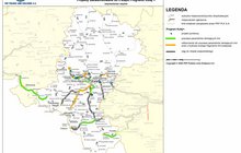 Mapa województwa śląskiego z projektami zakwalifikowanymi do II etapu Programu Kolej+