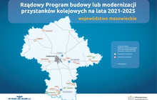 Grafika przedstawia mapę linii kolejowych w województwie mazowieckim z zaznaczonymi przystankami budowanymi lub modernizowanymi z „Rządowego programu budowy lub modernizacji przystanków kolejowych na lata 2021 – 2025”. Na grafice napis: Rządowy program budowy lub modernizacji przystanków kolejowych na lata 2021 – 2025”, województwo mazowieckie. Po prawej stronie grafiki zaznaczono legendę mapy. 