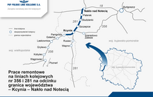 Lokalizacja linii kolejowych nr 356 i 281 granica województw-Kcynia-Nakło nad Notecią. Autor: Małgorzata Przybysz, PLK.