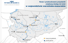 Nowe i przebudowane przystanki zwiększą dostęp do kolei w województwie warmińsko-mazurskim. Schemat z zaznaczeniem linii kolejowych w województwie warmińsko-mazurskim oraz najważniejszych stacji w regionie – Olsztyn, Iława, Elbląg, Ełk, Korsze. Na mapie zaznaczone planowane do budowy trzy przystanki Kolno, Nikielkowo, Wietrzychowo oraz planowane do przebudowy Pasłęk, Łankiejmy i Działdowo.