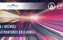 Plansza z liniami świetlnymi w odcieniach różu, szarości i żółtego światła. Po lewej na górze logo NCBR i PLK. Po prawej na górze napis i logo BRIK. Na dole po lewej napis: Badania i rozwój w infrastrukturze kolejowej.