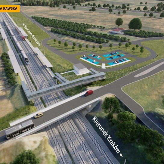 Wstępna wizualizacja stacji Biała Rawska Wstępna wizualizacja stacji Biała Rawska przedstawia usytuowanie nowych peronów na Centralnej Magistrali Kolejowej w pobliżu wiaduktu nad czterema torami na drodze wojewódzkiej nr 725. Na wizualizacji znajdują się perony, pociąg na torach, kładka dla pieszych nad torami, wiadukt drogowy, parking dla samochodów.