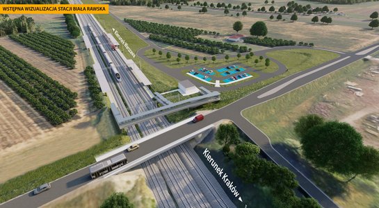 Wstępna wizualizacja stacji Biała Rawska Wstępna wizualizacja stacji Biała Rawska przedstawia usytuowanie nowych peronów na Centralnej Magistrali Kolejowej w pobliżu wiaduktu nad czterema torami na drodze wojewódzkiej nr 725. Na wizualizacji znajdują się perony, pociąg na torach, kładka dla pieszych nad torami, wiadukt drogowy, parking dla samochodów.