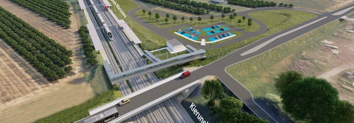 Wstępna wizualizacja stacji Biała Rawska Wstępna wizualizacja stacji Biała Rawska przedstawia usytuowanie nowych peronów na Centralnej Magistrali Kolejowej w pobliżu wiaduktu nad czterema torami na drodze wojewódzkiej nr 725. Na wizualizacji znajdują się perony, pociąg na torach, kładka dla pieszych nad torami, wiadukt drogowy, parking dla samochodów.