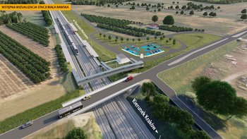 Wstępna wizualizacja stacji Biała Rawska przedstawia usytuowanie nowych peronów na Centralnej Magistrali Kolejowej w pobliżu wiaduktu nad czterema torami na drodze wojewódzkiej nr 725. Na wizualizacji znajdują się perony, pociąg na torach, kładka dla pieszych nad torami, wiadukt drogowy, parking dla samochodów.