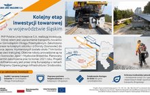  Infografika opisująca kolejny etap inwestycji towarowej w woj. śląskim, na odcinku Dorota - Sosnowiec Jęzor, są zdjęcia z prac