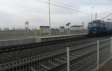 Pociąg w Pierzchnie, w tle nowy peron z gablotą z rozkładem jazdy, fot. Radek Śledziński