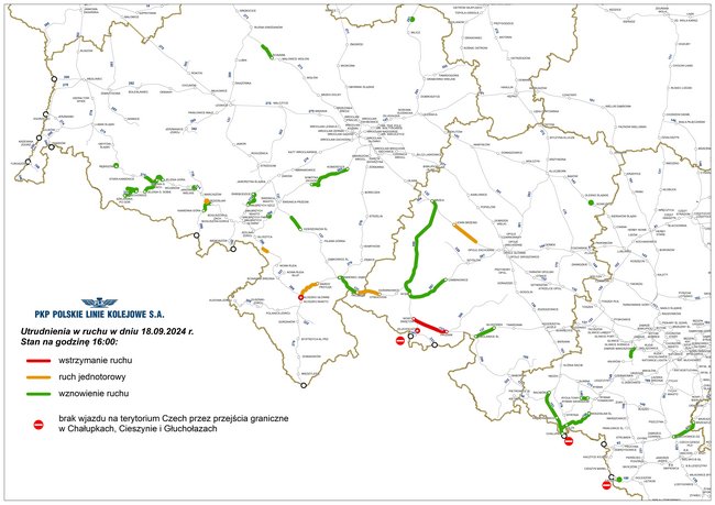 Mapa przedstawiająca przebieg linii kolejowych w województwach opolskim, dolnośląskim i śląskim. Ilustruje udrożnione oraz zamknięte linie kolejowe, wymienione w komunikacie o zmianach w ruchu pociągów.